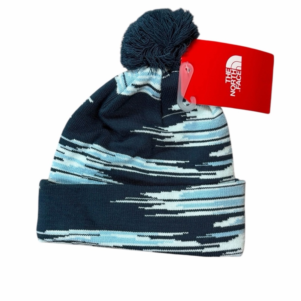 The North Face Kids' Striped Blue Beanie with Pom-Pom